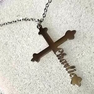 Stainless Steel Christian Cross Engraved "Charlie" Pendant Necklace Nameplate